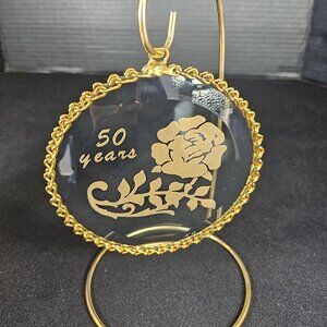 50th Anniversary Ornament 50 Years Gold Rose Clear Glass Round Ornament W Stand